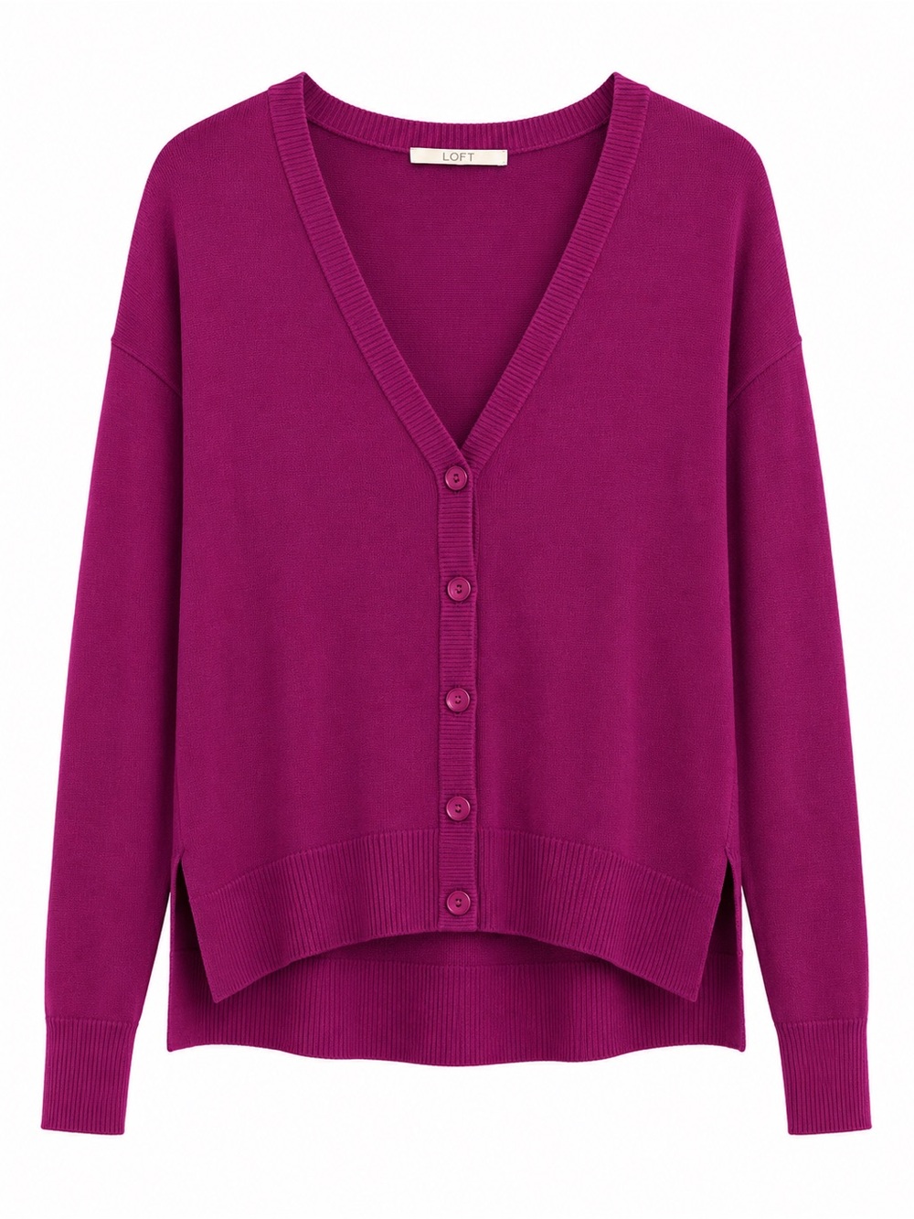 LOFT Button-Front V-Neck Cardigan - Magenta, Medium